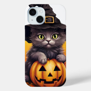 Cute Halloween Cat Witch on Pumpkin Fall Season iPhone 15 Case