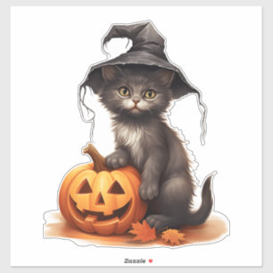 Cute Halloween Cat with Pumpkin and Autumn Leaves 