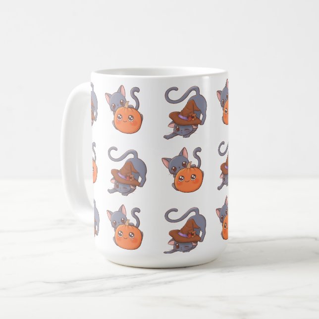 Cute Halloween Cat With Pumpkin and Witch  Coffee Mug (Front Left)