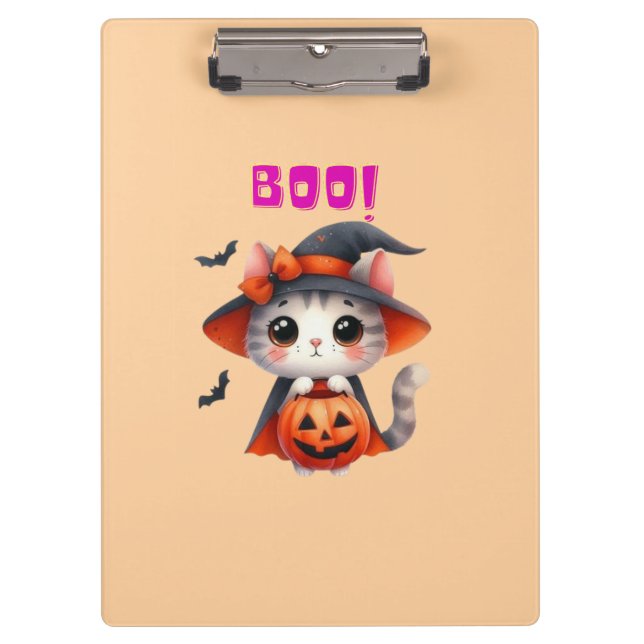 Cute Halloween Cat with Pumpkin and Witch Hat Deco Clipboard (Front)