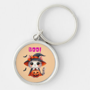 Cute Halloween Cat with Pumpkin and Witch Hat Deco Keychain