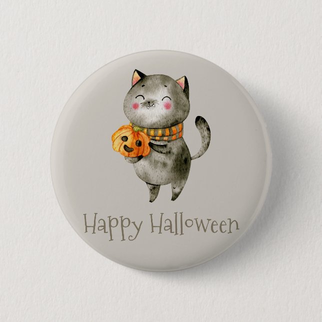 Cute Halloween Cat with Pumpkin | Button (Front)