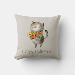 Cute Halloween Cat with Pumpkin   Throw Pillow
