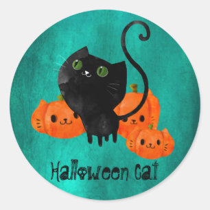 Cute Halloween cat with pumpkins Classic Round Sticker
