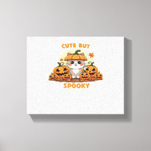 Cute Halloween Cat with Pumpkins – Kawaii Spooky F Canvas Print