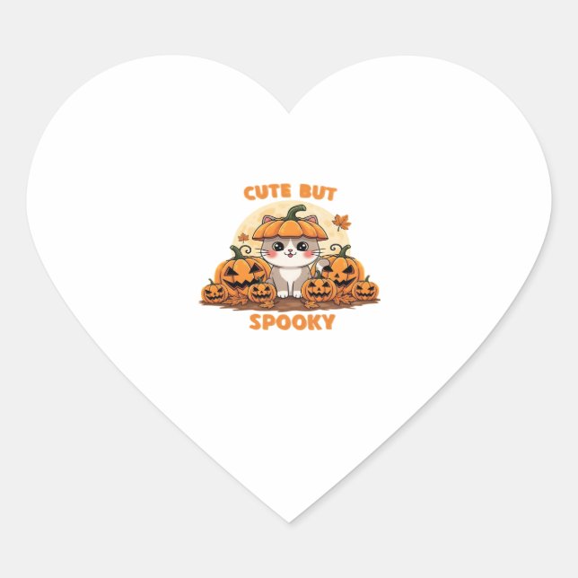 Cute Halloween Cat with Pumpkins � Kawaii Spooky F Heart Sticker (Front)