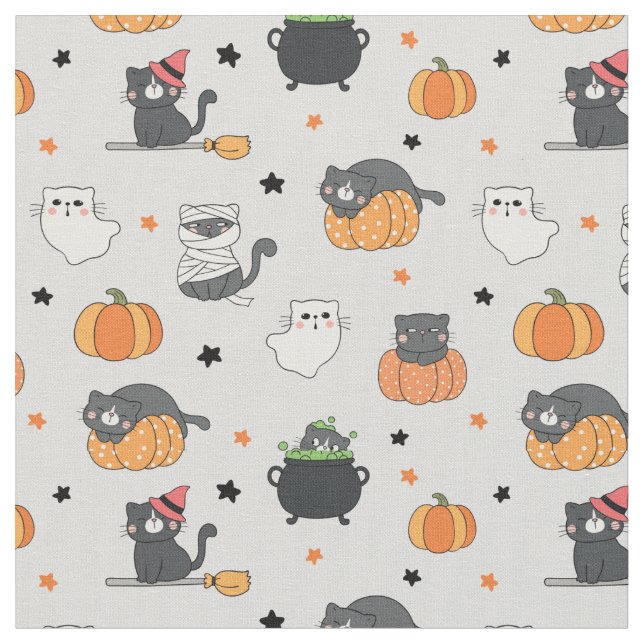 Cute Halloween Cats and Ghosts Pattern Fabric (Close Up)