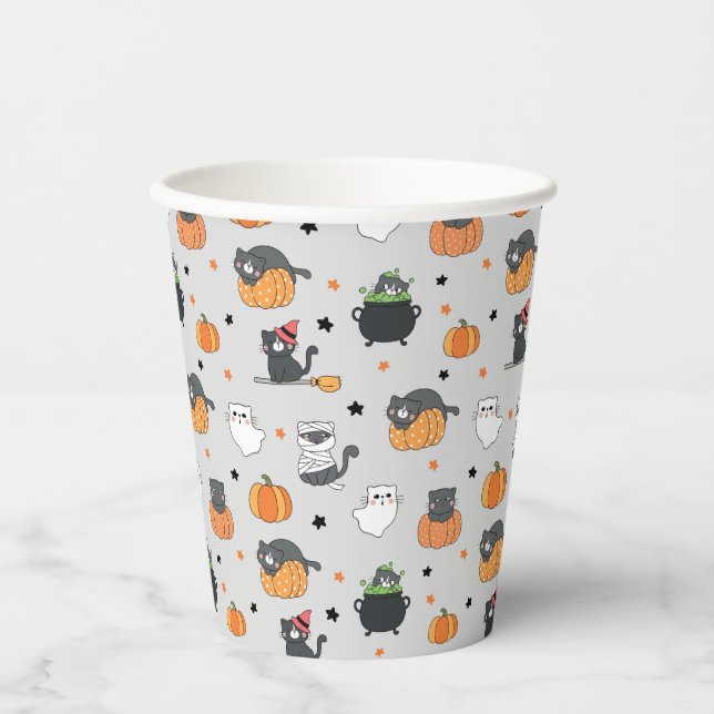 Cute Halloween Cats and Ghosts Pattern Paper Cups (Front)
