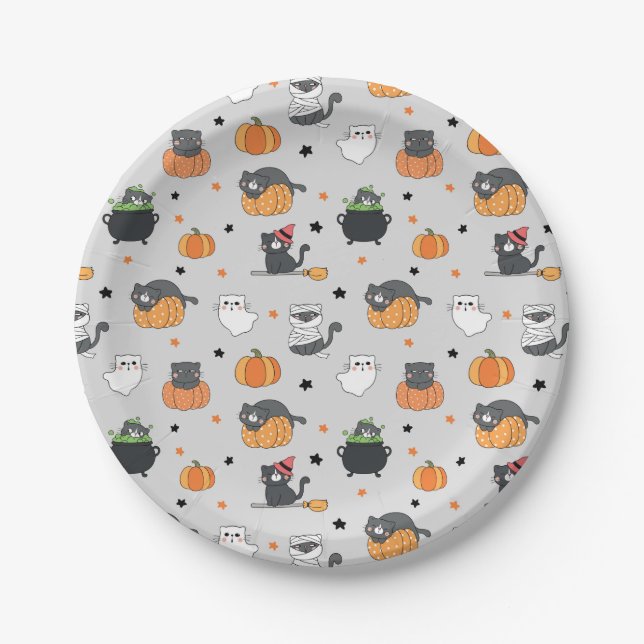 Cute Halloween Cats and Ghosts Pattern Paper Plate (Front)