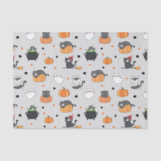Cute Halloween Cats and Ghosts Pattern Tissue Paper (Front)