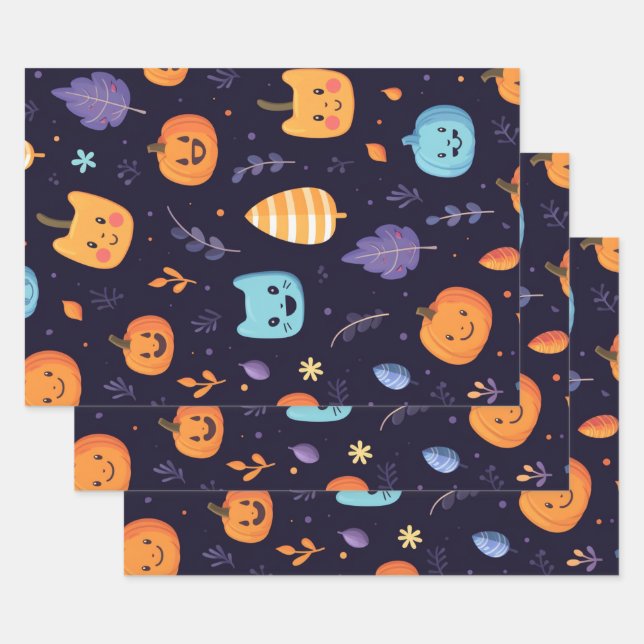 Cute Halloween Cats and Pumpkins Wrapping Paper Sheet (Set)