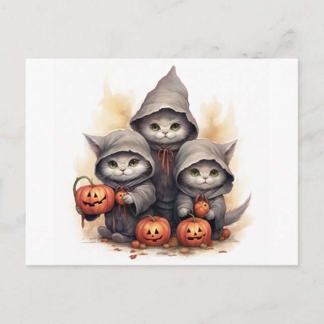 Cute Halloween Cats in Hoodies with Pumpkins Postcard (Front)