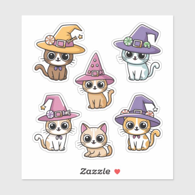 Cute Halloween Cats in Witch Hats Sticker Sheet (Sheet)