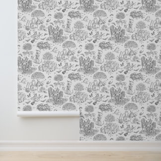 Cute Halloween Cats Toile de Jouy in Black & White Wallpaper