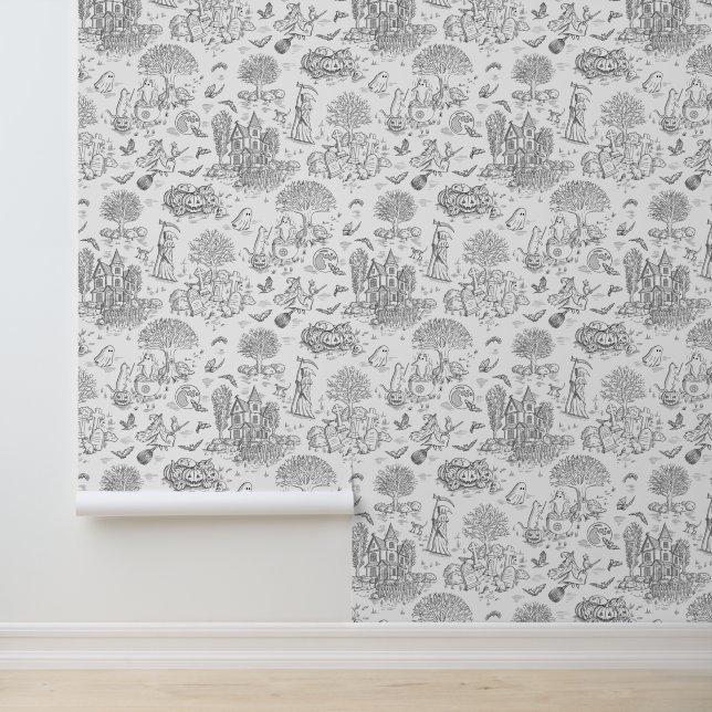 Cute Halloween Cats Toile de Jouy in Black & White Wallpaper (Application)