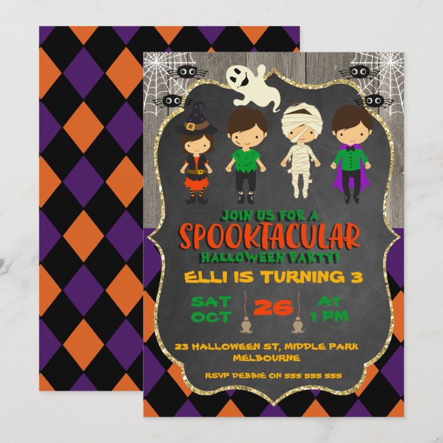 Cute Halloween Chalkboard Birthday Invitation (Front/Back)