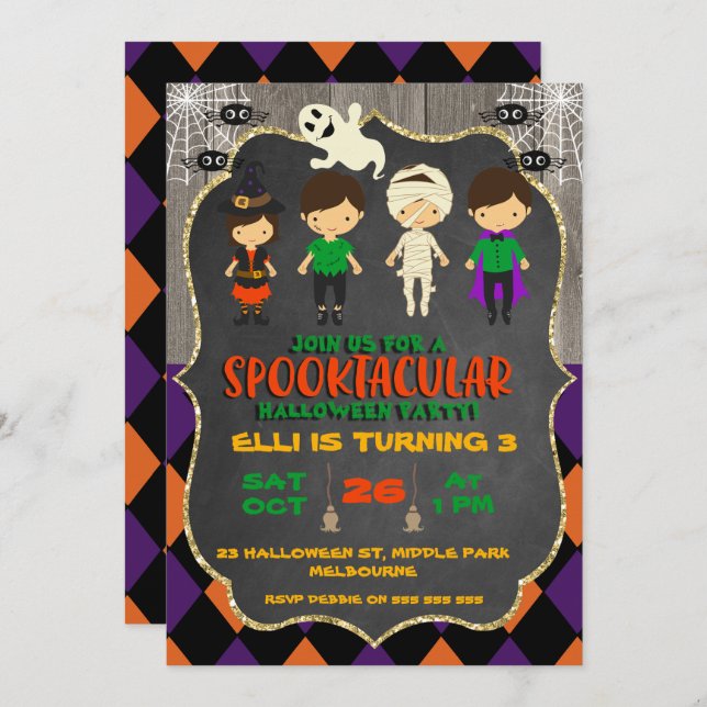 Cute Halloween Chalkboard Invitation d'anniversair (Devant / Derrière)