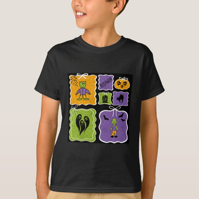 Cute Halloween Characters Frankenstein and Zombie T-Shirt (Front)