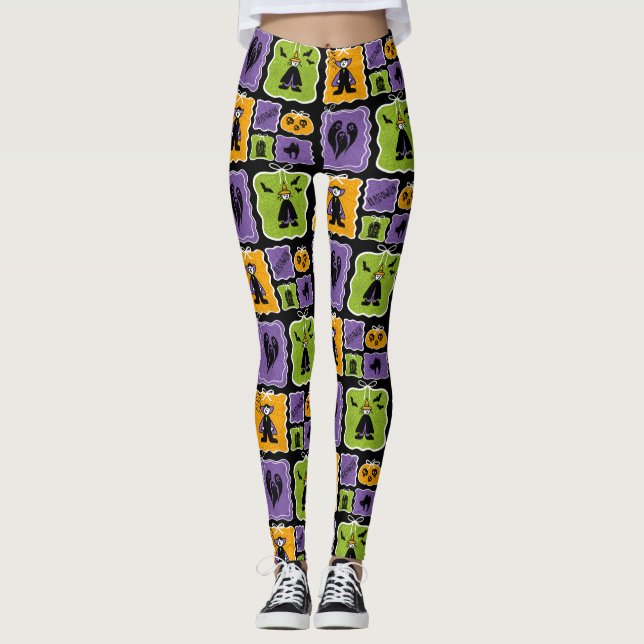 Cute Halloween Characters Vampires & Witches Leggings (Front)