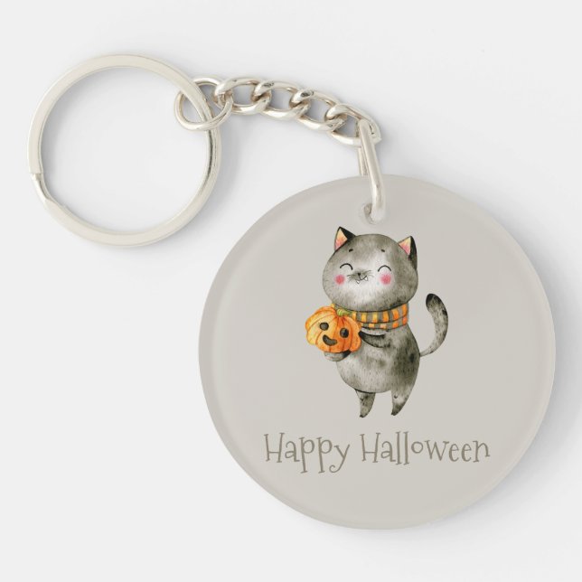 Cute Halloween Chat avec Citrouille | Porte-clé (Devant)