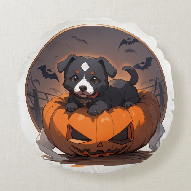 Cute Halloween cosplay chiot coussin rond (Devant)