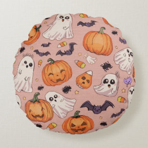 Cute Halloween Coussin rond - Citrouilles & Fantôm
