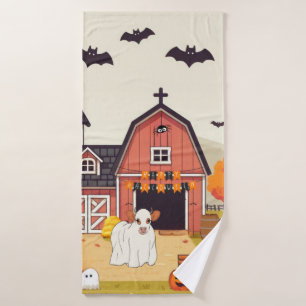 Cute Halloween cow and farm Bath Towel