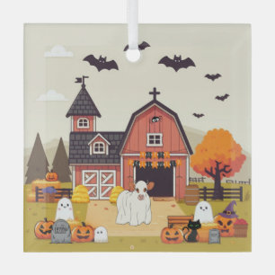 Cute Halloween cow and farm Glass Ornament