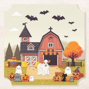 Cute Halloween cow and farm Paper Coaster