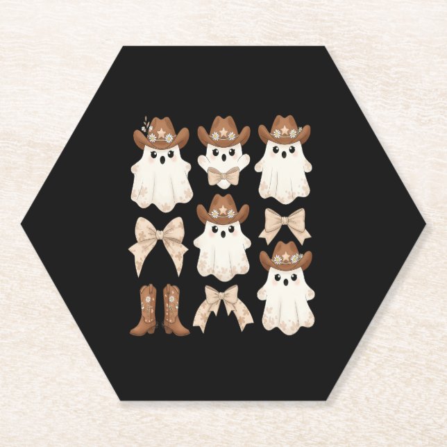 Cute Halloween Cowboy Ghost Paper Coaster (Front)