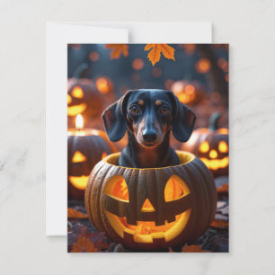 Cute Halloween Dachshund Dog Inside Carved Pumpkin Holiday Card