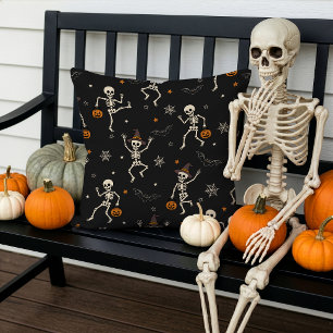 Cute Halloween Dancing Skeleton Pattern Black Outdoor Pillow