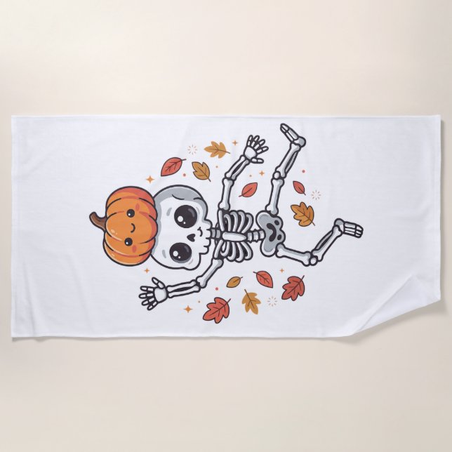 Cute Halloween Dancing Skeleton with Pumpkin Head Beach Towel (Front)