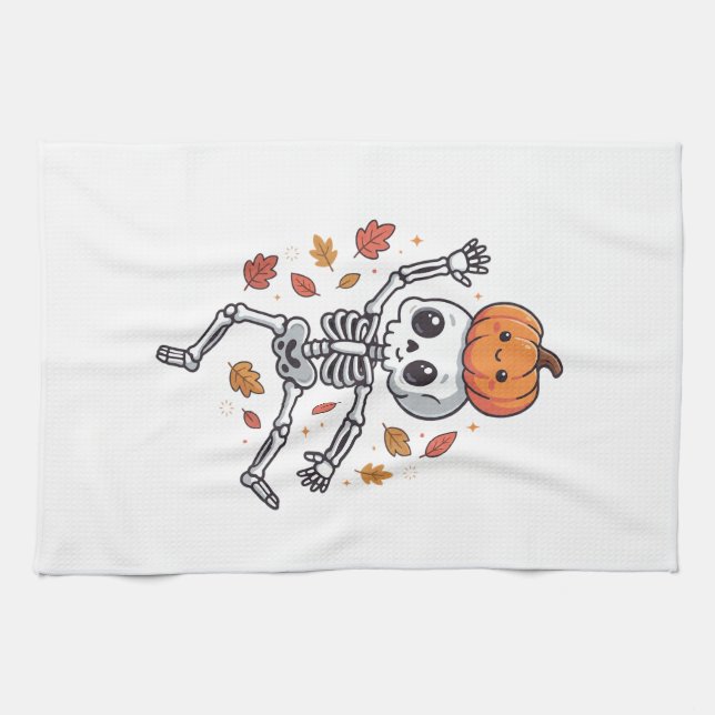 Cute Halloween Dancing Skeleton with Pumpkin Head Kitchen Towel (Horizontal)