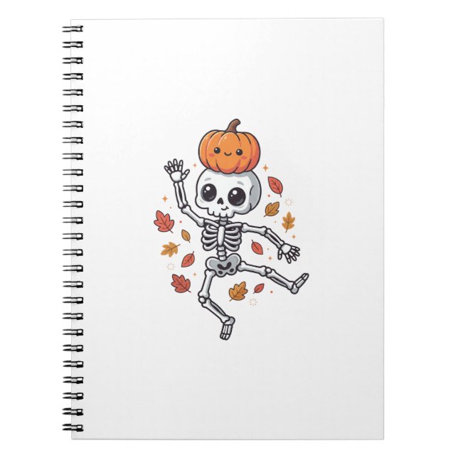 Cute Halloween Dancing Skeleton with Pumpkin Head Notebook (Front)