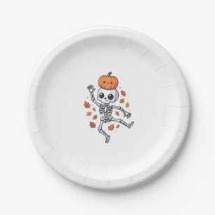 Cute Halloween Dancing Skeleton with Pumpkin Head Paper Plate
