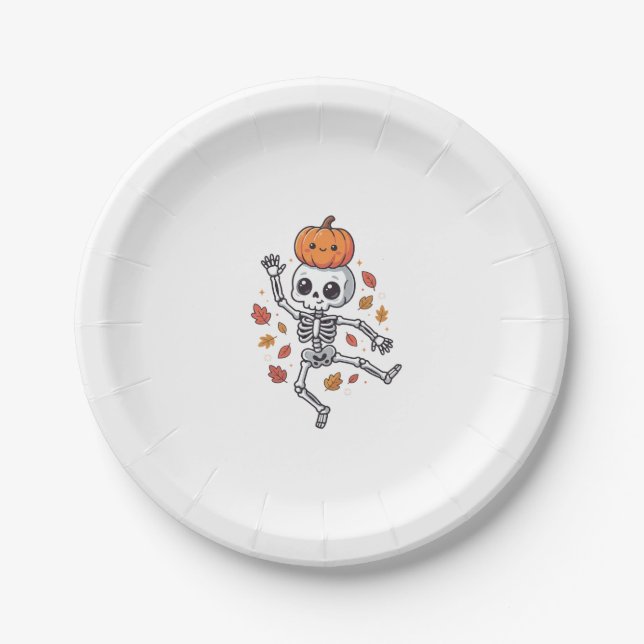 Cute Halloween Dancing Skeleton with Pumpkin Head Paper Plate (Front)