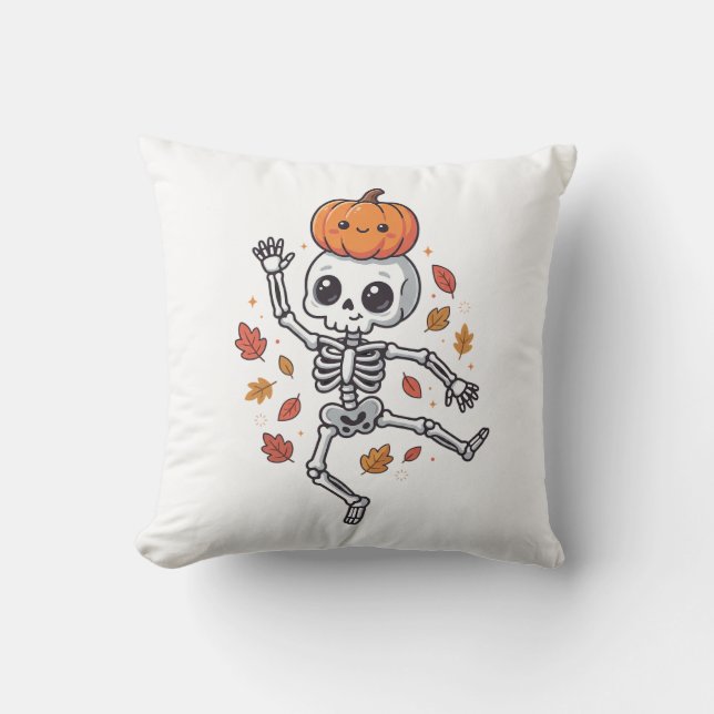 Cute Halloween Dancing Skeleton with Pumpkin Head Throw Pillow (Front)
