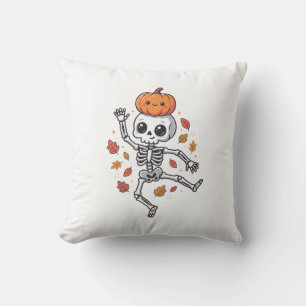 Cute Halloween Dancing Skeleton with Pumpkin Head Throw Pillow