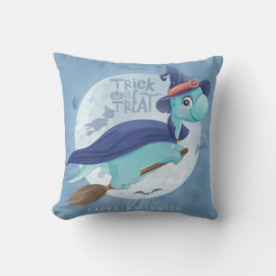 Cute Halloween Dinosaur Witch Moon Flying Bat Throw Pillow