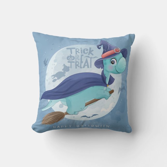 Cute Halloween Dinosaur Witch Moon Flying Bat Throw Pillow (Front)