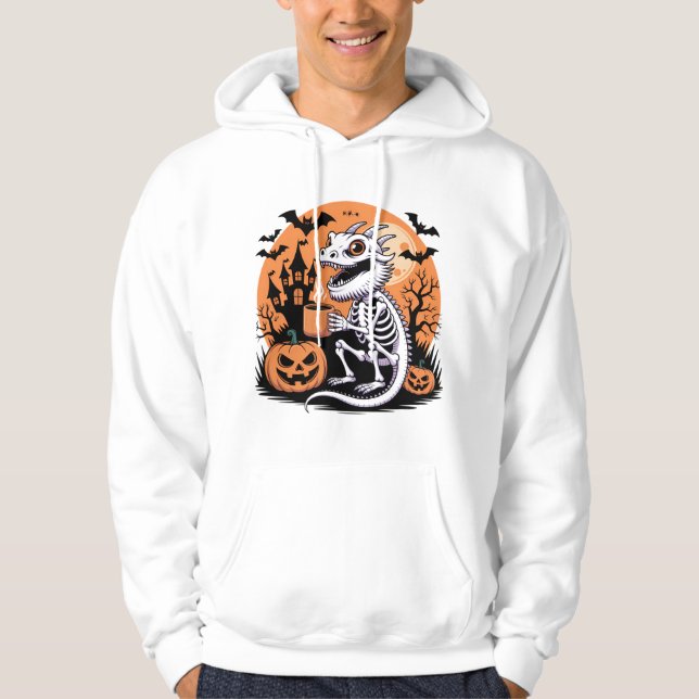 Cute Halloween Dragon Skeleton with Coffee Hoodie (Front)