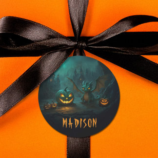 Cute Halloween Dragon with Scary Pumpkins Name Classic Round Sticker