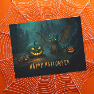Cute  Halloween Dragon with Scary Pumpkins Postcard