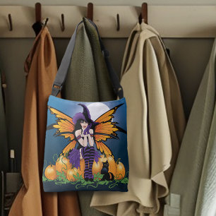 Cute Halloween Fairy Pumpkin Patch Black Cat Crossbody Bag
