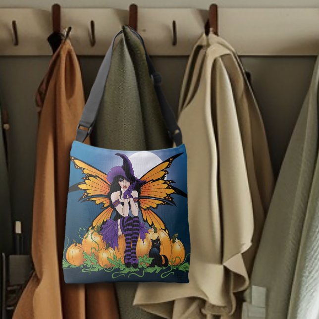 Cute Halloween Fairy Pumpkin Patch Black Cat Crossbody Bag (Creator Uploaded)