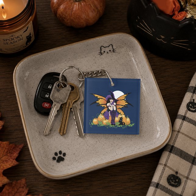 Cute Halloween Fairy Pumpkin Patch Black Cat Keychain (Creator Uploaded)