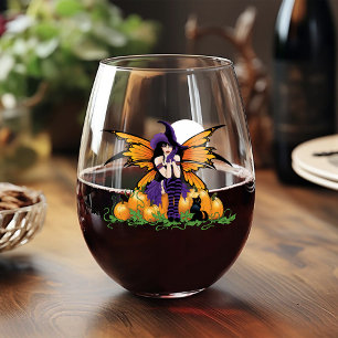 Cute Halloween Fairy Pumpkin Patch Black Cat Stemless Wine Glass