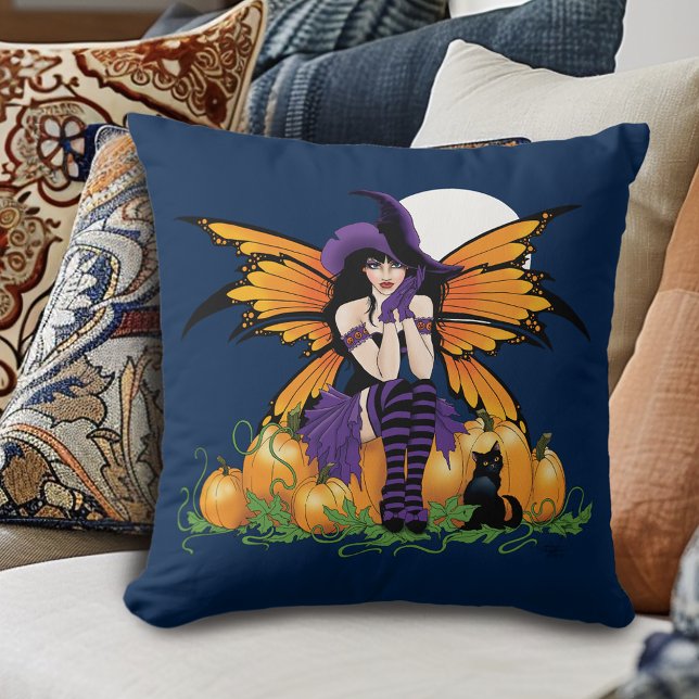 Cute Halloween Fairy Pumpkin Patch Black Cat Throw Pillow (Creator Uploaded)