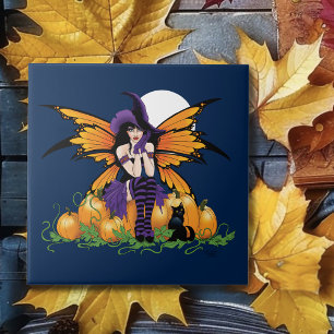 Cute Halloween Fairy Pumpkin Patch Black Cat Tile